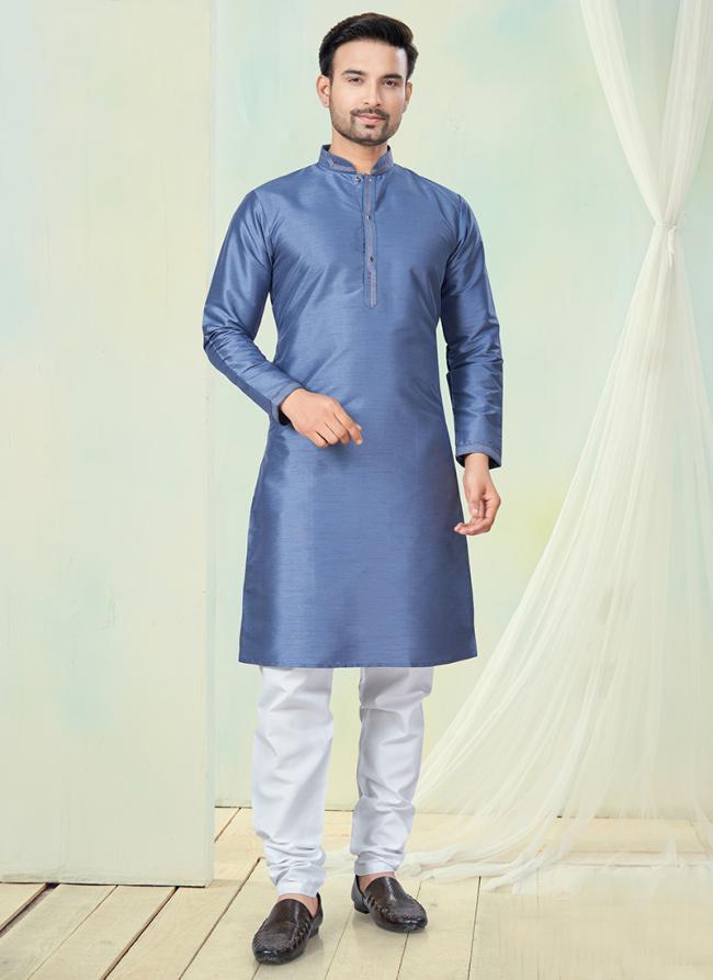 Pure Silk Light Blue Casual Wear Pintex Work Readymade Kurta Pajama